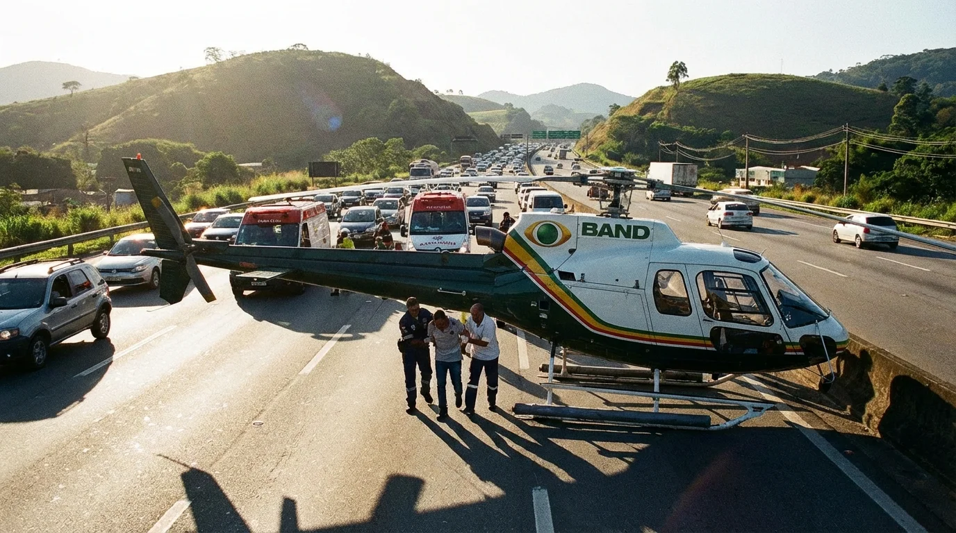 Imagem horizontal representando um helicóptero da Band faz pouso forçado na Via Dutra, com duas pessoas passando bem, sem textos escritos, focalizando a palavra-chave helicóptero band faz pouso.