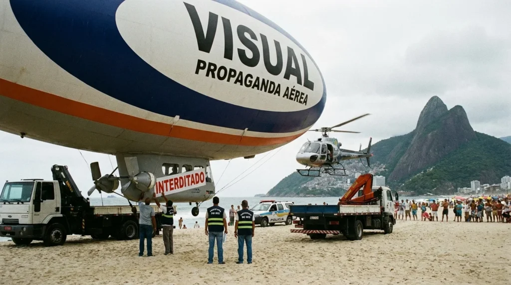 Imagem de capa horizontal 16:9 representando a prefeitura do Rio multando Visual Propaganda Aérea por publicidade irregular, sem textos escritos, destacando a fiscalização e controle urbano com a palavra-chave prefeitura rio multa visual.