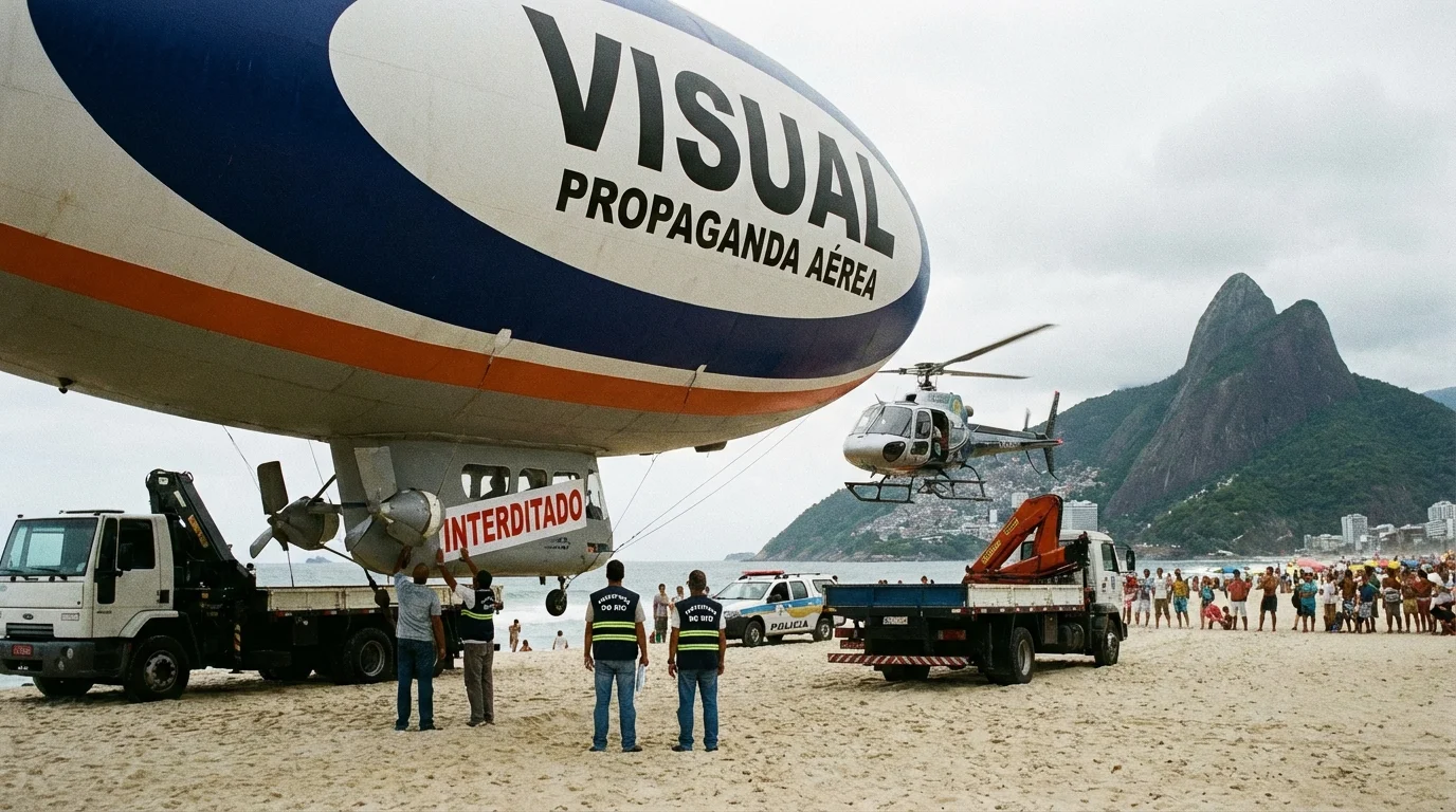 Imagem de capa horizontal 16:9 representando a prefeitura do Rio multando Visual Propaganda Aérea por publicidade irregular, sem textos escritos, destacando a fiscalização e controle urbano com a palavra-chave prefeitura rio multa visual.