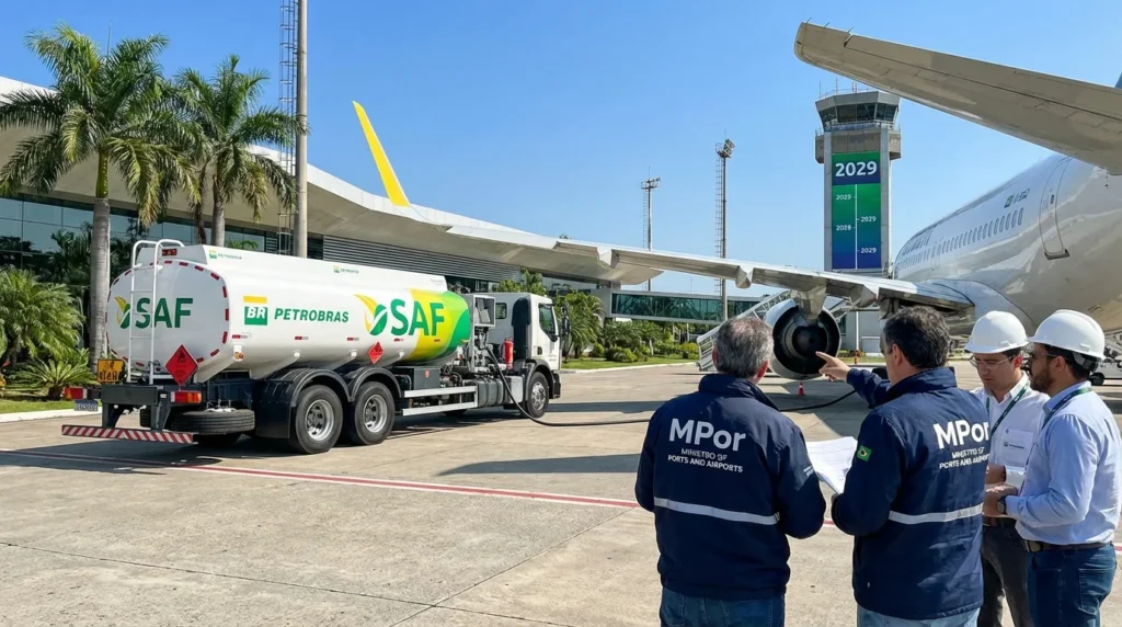 Imagem de capa horizontal 16:9 representando Petrobras inicia entregas de SAF no Brasil e a transição coordenada até 2029, com elementos visuais que refletem energia sustentável.