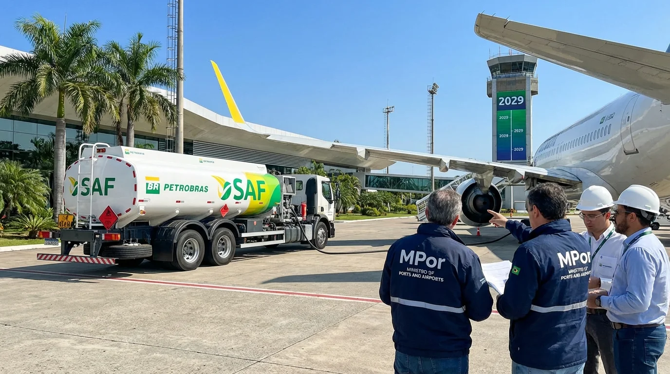 Imagem de capa horizontal 16:9 representando Petrobras inicia entregas de SAF no Brasil e a transição coordenada até 2029, com elementos visuais que refletem energia sustentável.