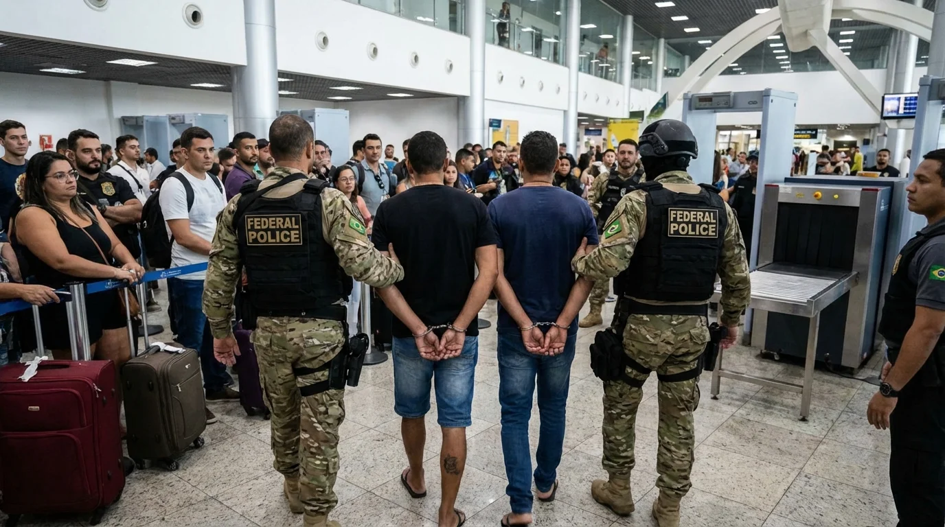 Imagem de capa mostrando a Polícia Federal prendendo dois foragidos no Aeroporto de Manaus durante fiscalização
