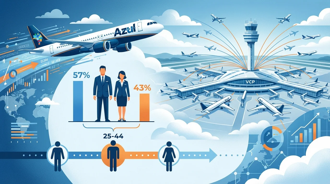 Capa horizontal ilustrando o perfil 2025 da Azul divulgando que 57% são homens, liderando a faixa de 25 a 44 anos, com Viracopos destacado no topo.