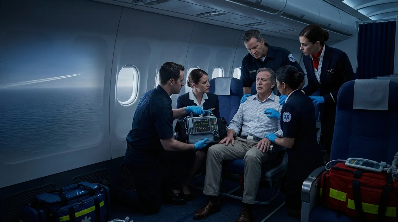Imagem representando grupo med alerta voos, destacando emergências cardíacas em voos longos.