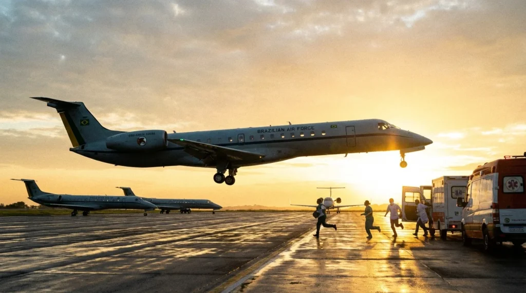 Imagem horizontal 16:9 mostrando a FAB transporta 232 órgãos em 2025 e o recorde do Esquadrão Guará
