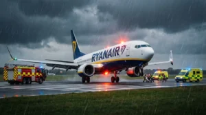 Imagem do Boeing 737 MAX Ryanair retornando a Birmingham após solavanco, com feridos a bordo, representada em formato horizontal 16:9.