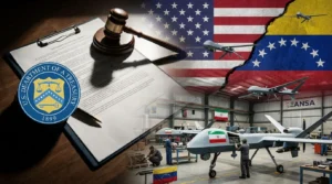 Imagem de capa 16:9 representando o Tesouro dos EUA sanciona EANSA por montagem de drones iranianos na Venezuela, sem textos escritos, com destaque para 'tesouro eua sanciona eansa'.