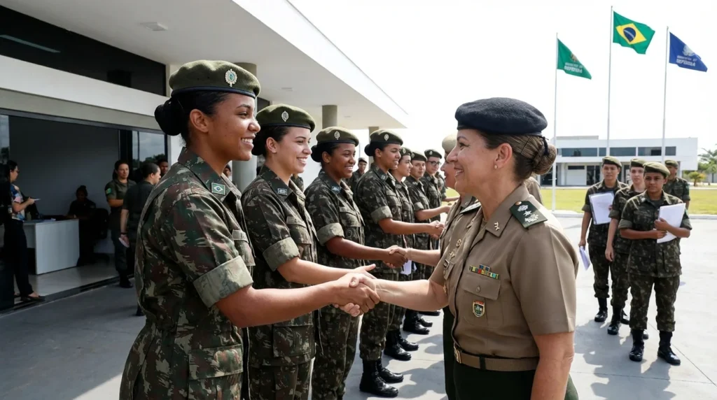 Imagem capa horizontal 16:9 representando a abertura do alistamento pelo Ministério da Defesa em 2026, com mulheres voluntárias participando do processo, sem textos escritos.