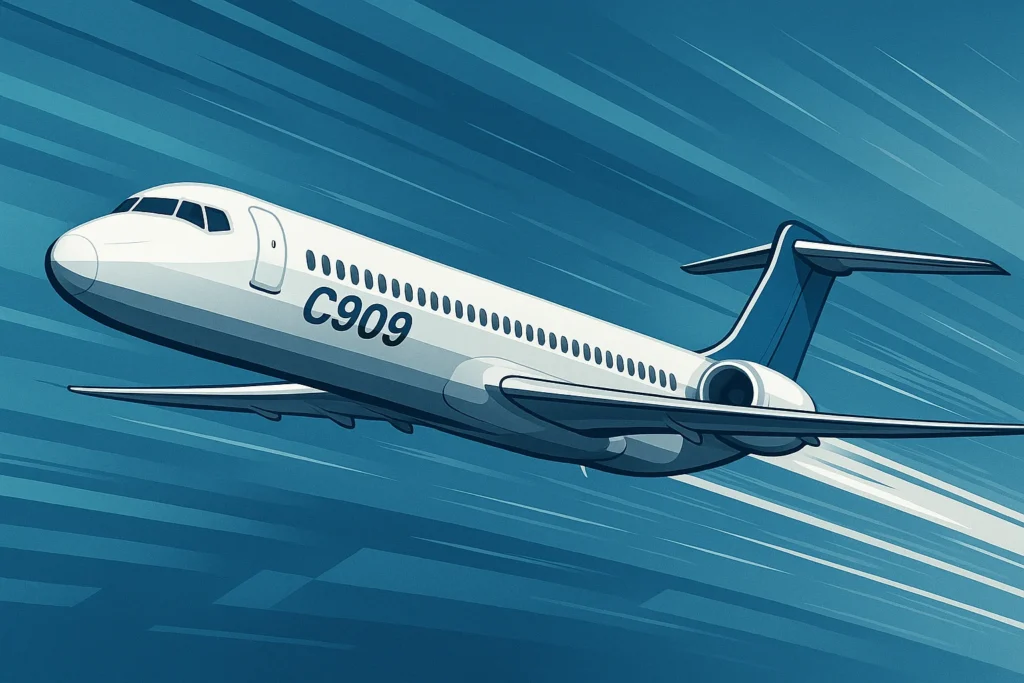 Ilustração digital de um urumqi air recebe comac C909 em voo, destacando fuselagem alongada, motores traseiros e design semelhante ao MD-80
