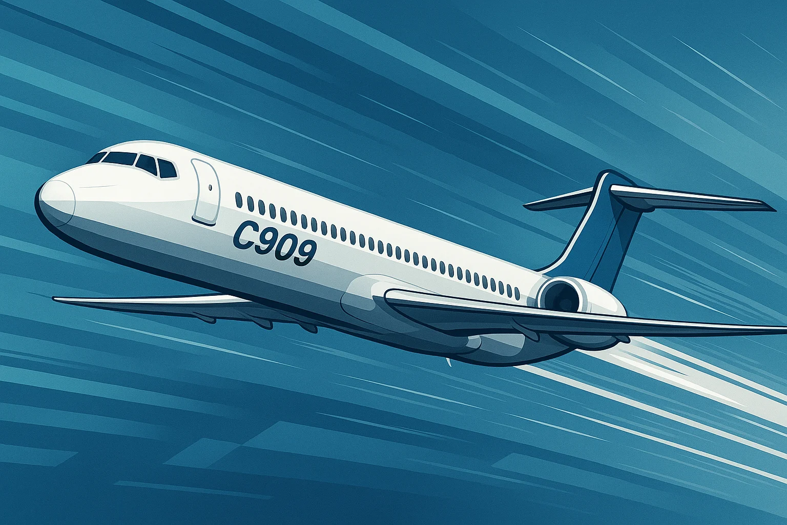 Ilustração digital de um urumqi air recebe comac C909 em voo, destacando fuselagem alongada, motores traseiros e design semelhante ao MD-80