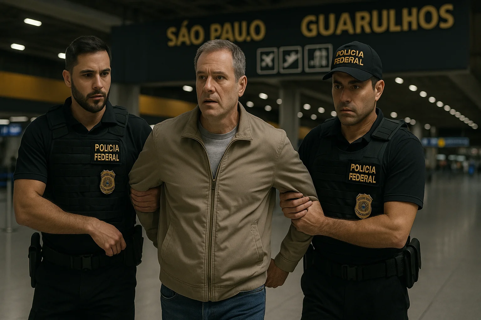 Imagem de estrangeiro procurado por cinco homicídios sendo preso por agentes da Polícia Federal em Guarulhos