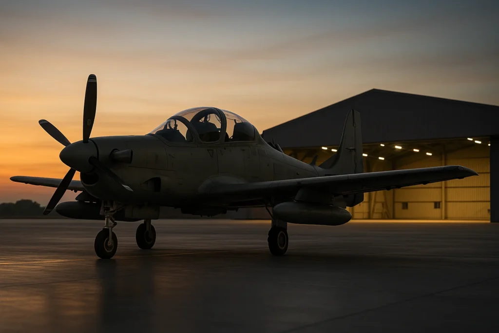 Avião Embraer A-29 Super Tucano estacionado na pista de uma base aérea filipina ao pôr do sol, destacando a palavra-chave em imagem de alta resolução 16:9.