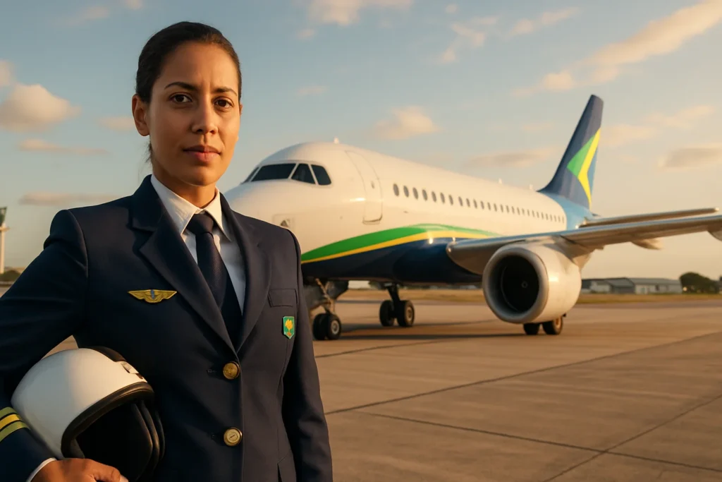 Mulheres na aviação: piloto brasileira em uniforme elegante ao lado de uma aeronave moderna em aeroporto brasileiro
