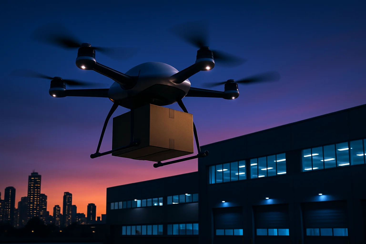 Drone entrega aérea autônomo com encomenda sobre cidade brasileira ao entardecer