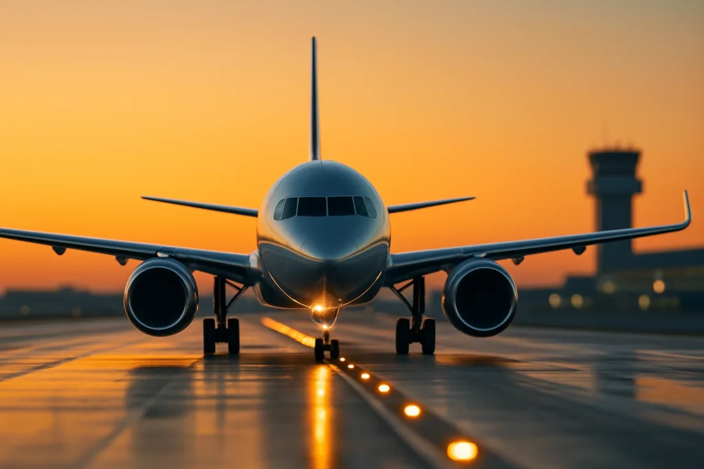 Imagem de aeronave futurista de fuselagem estreita taxiando ao entardecer, com foco em inovação e sustentabilidade.