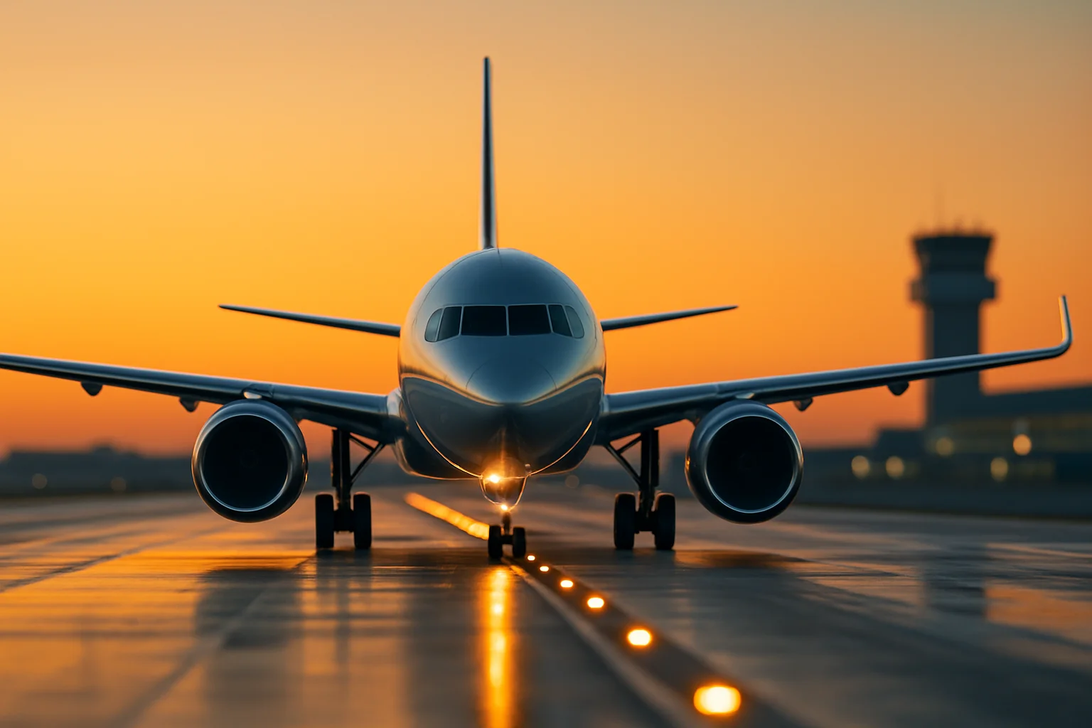 Imagem de aeronave futurista de fuselagem estreita taxiando ao entardecer, com foco em inovação e sustentabilidade.