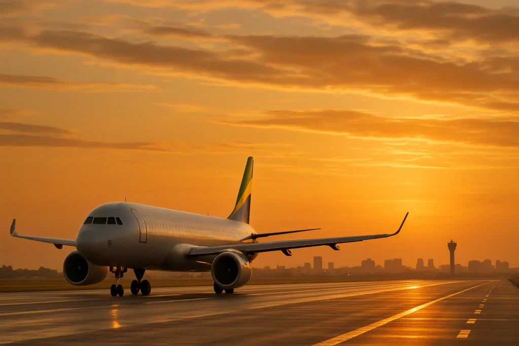 Avião comercial de companhias aéreas Brasil taxi na pista ao amanhecer com cenário urbano ao fundo