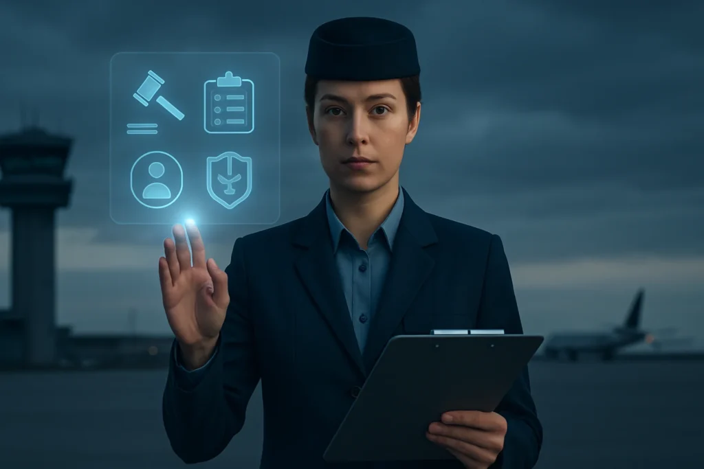 Profissional da aviação diante de cenário de crise na ANAC, com hologram de normas e aeroporto ao entardecer