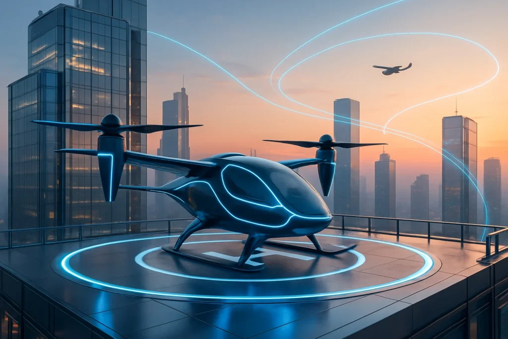 Plataforma de pouso em arranha-céu com eVTOL elétrico, céu urbano com aeronaves e iluminação de neon