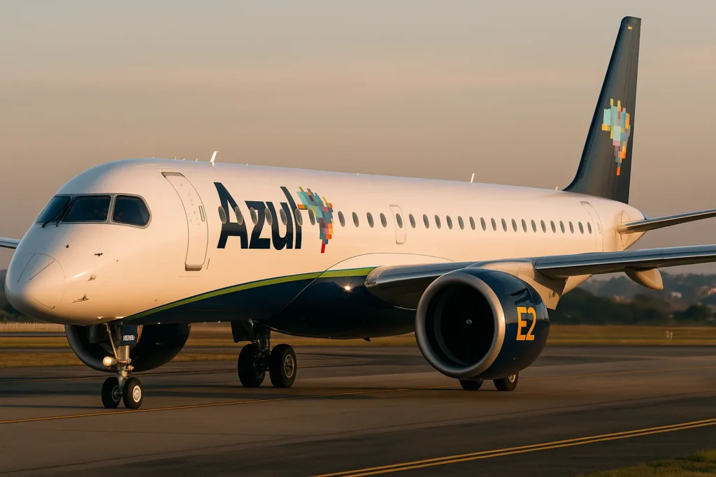 Imagem captação azul recebe novo Embraer 195-E2, destacando impacto na operação, segurança e carreira.