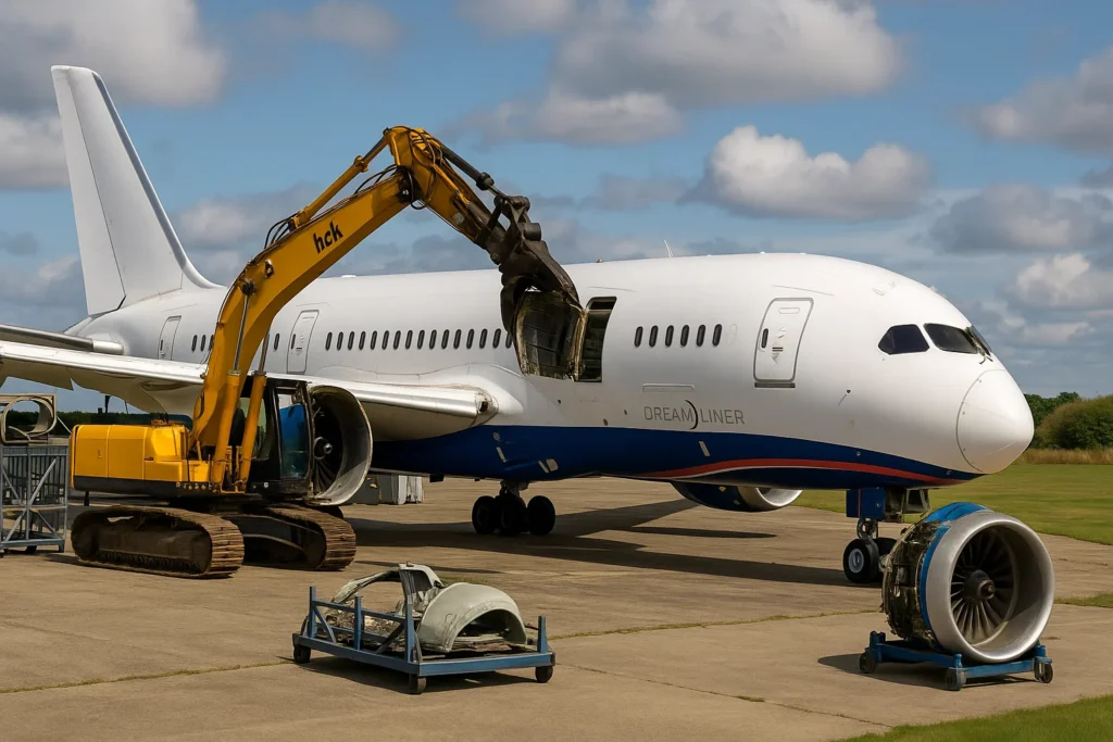 Imagem de capa horizontal 16:9 representando um Boeing 787-8 de 12 anos sendo desmontado no Reino Unido, com peças que aliviam MRO, destaque para a palavra-chave 'boeing 787 8 12'.
