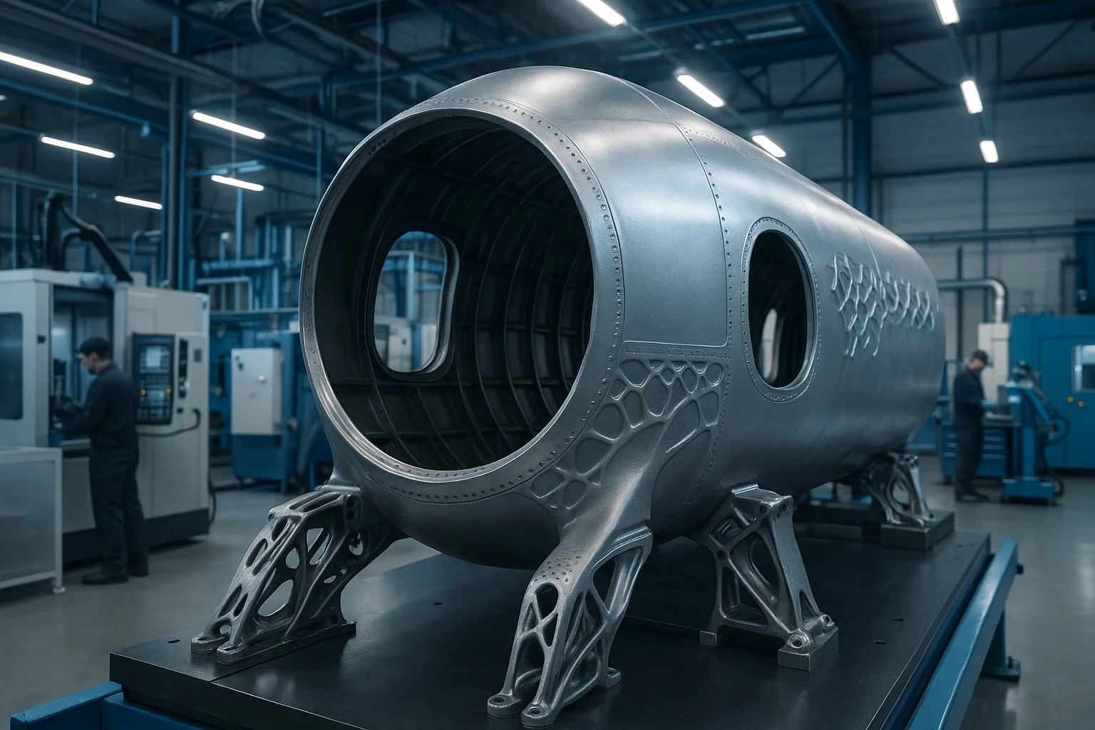Fuselagem totalmente impressa em 3D da Saab em instalação industrial moderna com detalhes metálicos e tecnológicos