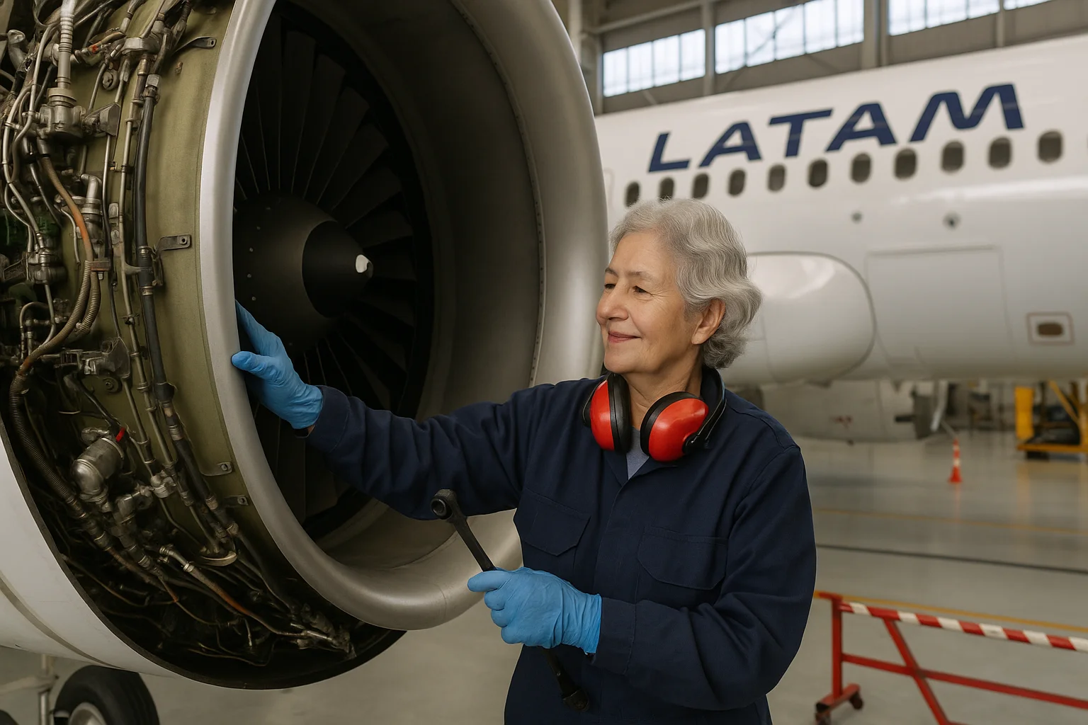 Imagem de capa representando aos 69 Maria Alice cuidando de aviões da LATAM sem textos escritos