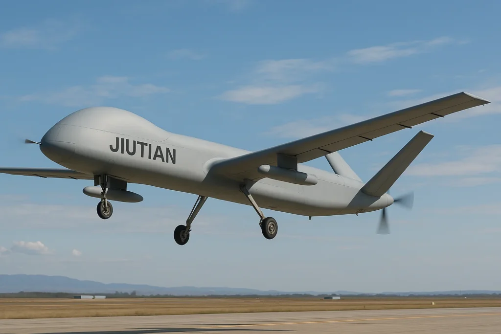 Imagem do drone Jiutian em voo sobre o céu de Shaanxi, evidenciando o marco de 'china realiza primeiro voo'.