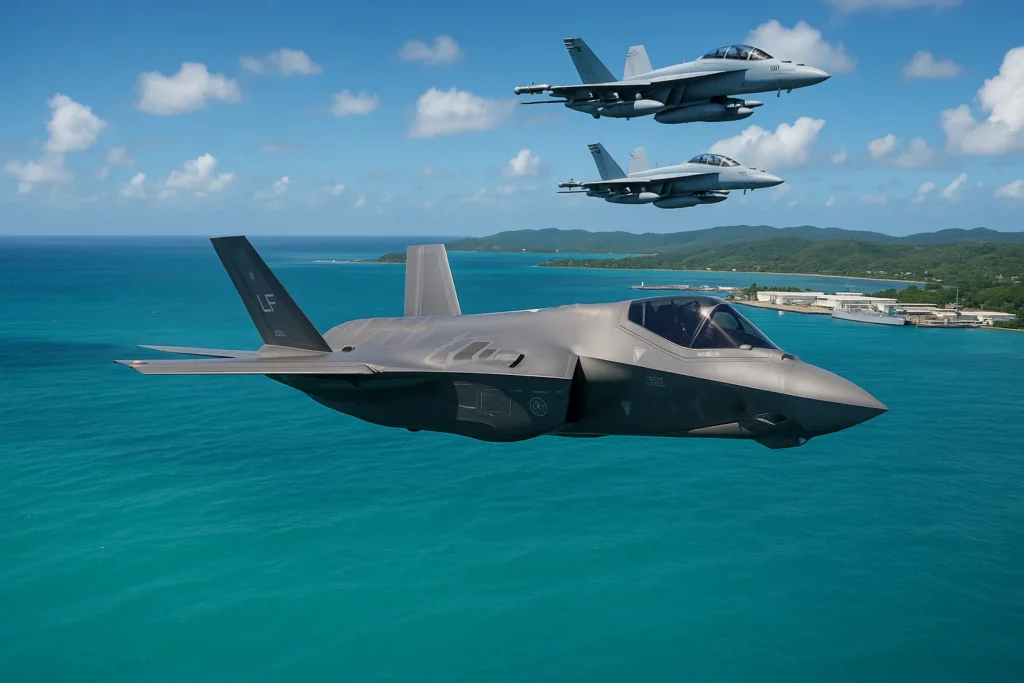 F-35A em voo baixo sobre o mar Caribe com atacantes EA-18G Growler ao fundo, na base naval de Roosevelt Roads