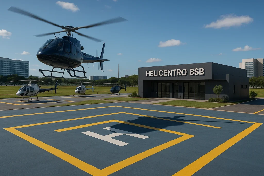 Imagem de capa horizontal 16:9 representando Brasília com o helicentro BSB e três helipontos em 2026, foco executivo e sem textos.
