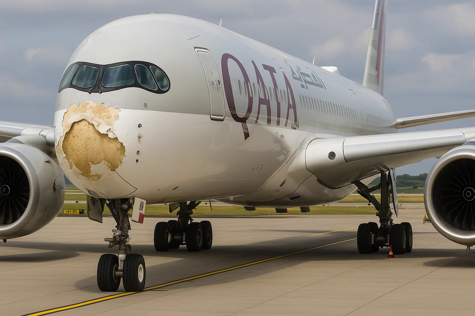 Imagem de capa horizontal 16:9 ilustrando A350 voou 1 mês com radome danificado, destacando lições para inspeção e treinamento