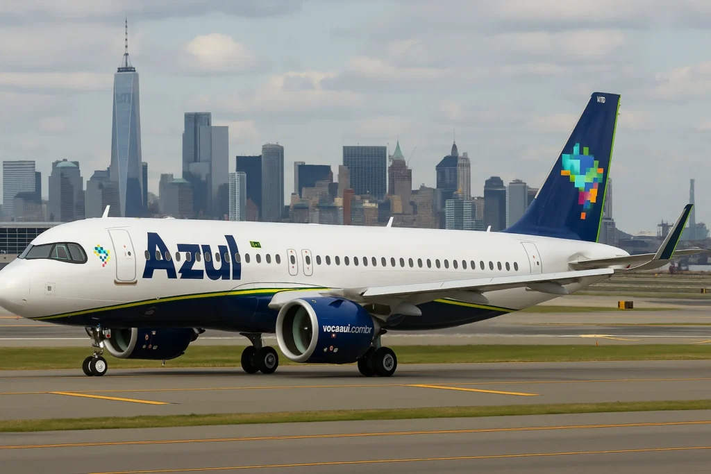 Imagem representando NY aprova Chapter 11 da Azul, com uma frota de aviões em voo e cenário urbano ao fundo, sem textos escritos.