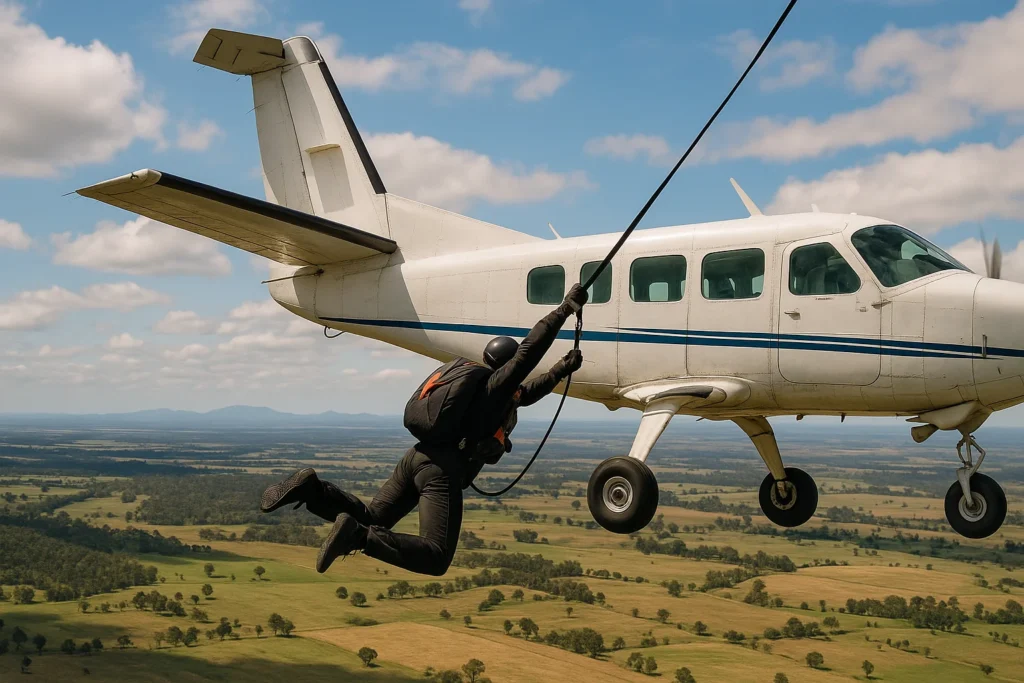 Paraquedista fica preso na cauda de avião em voo na Austrália, com céu nublado e paisagem de Queensland ao fundo