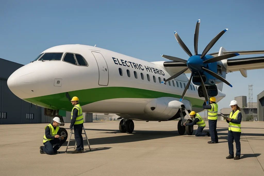 Imagem do Evio 810 avião regional híbrido-elétrico sendo inspecionado por técnicos no solo ao redor de hangares modernos
