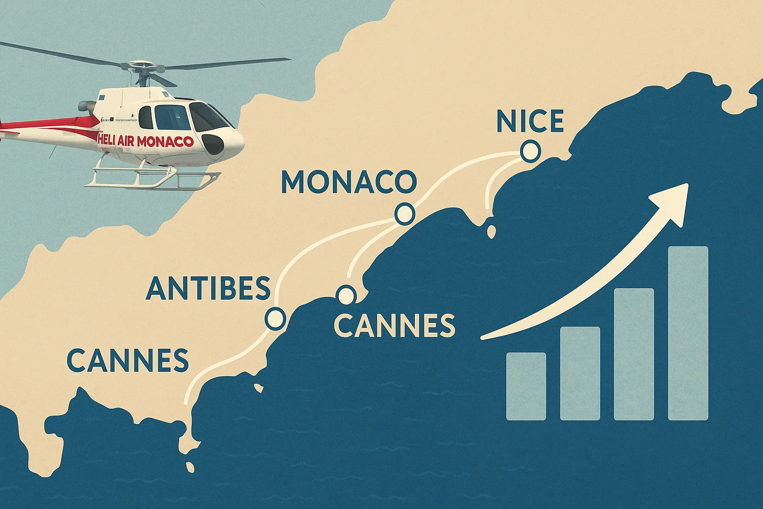 Imagem ilustrando o valo vertical héli air, rotas na Côte d'Azur e impacto operacional, sem textos escritos