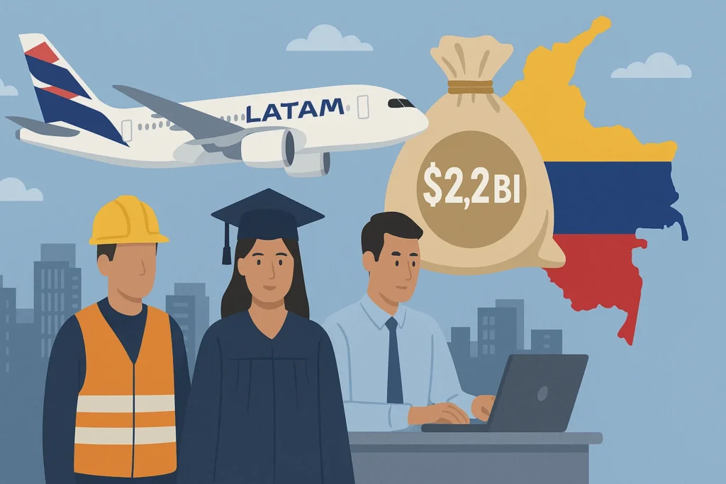 Imagem de capa horizontal 16:9 representando LATAM gerou US$2,2 bi ao PIB da Colômbia em 2024, com foco no efeito em empregos e formação.