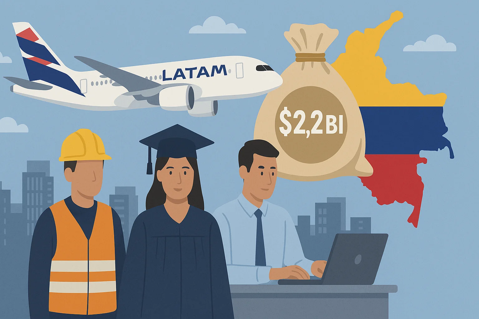 Imagem de capa horizontal 16:9 representando LATAM gerou US$2,2 bi ao PIB da Colômbia em 2024, com foco no efeito em empregos e formação.