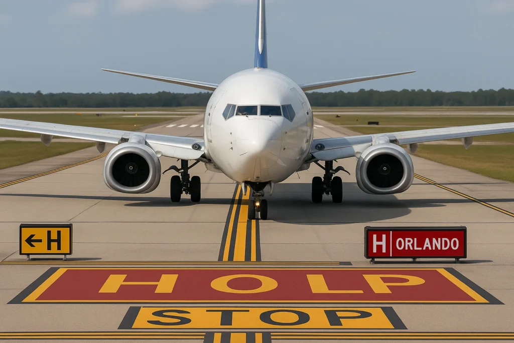 Imagem da aeronave Boeing 737-800 quase decolando da taxiway em Orlando, com sinais de pista visíveis ao fundo e sinalização bem clara