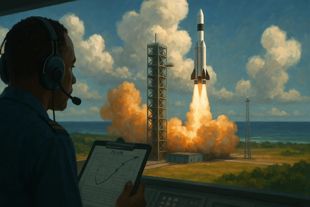 Imagem horizontal representando o 1º lançamento comercial em Alcântara, destacando a atenção ao plano de voo