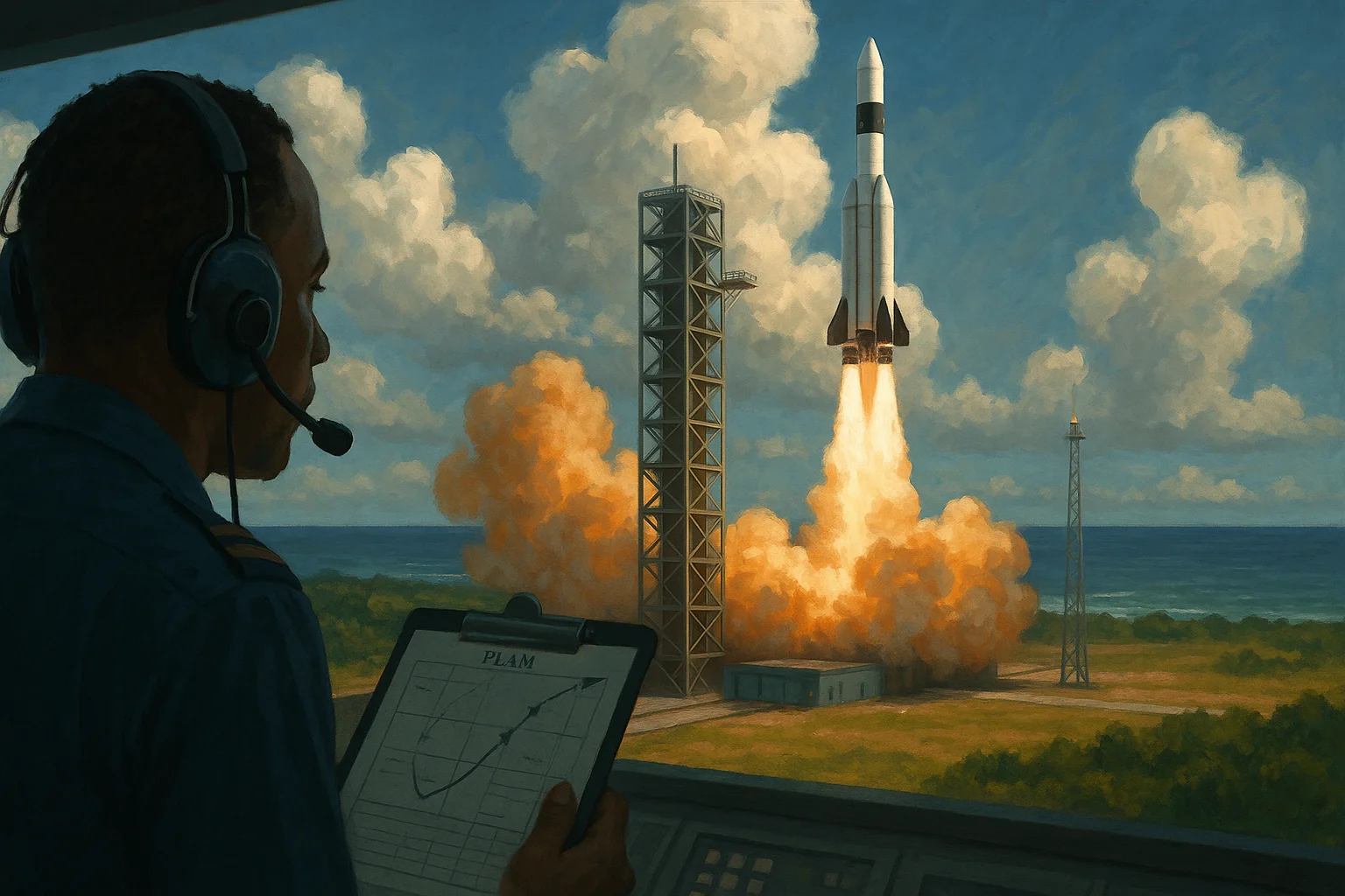 Imagem horizontal representando o 1º lançamento comercial em Alcântara, destacando a atenção ao plano de voo