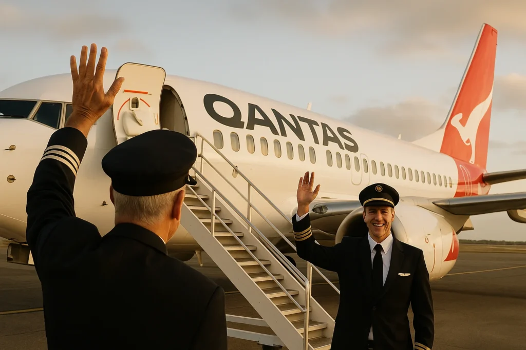Capa de imagem horizontal 16:9 representando adeus no Joey Joy Flight, simbolizando a aposentadoria de pilotos na Qantas, sem textos escritos.