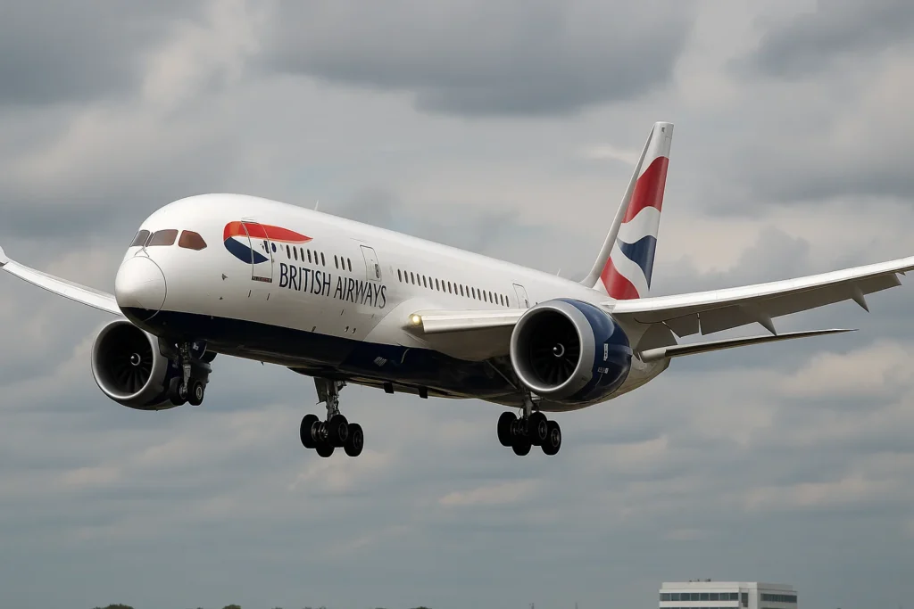 Imagem horizontal 16:9 ilustrando a falha no rádio altímetro que faz o voo BA243 retornar a Londres após 9h, sem textos escritos.