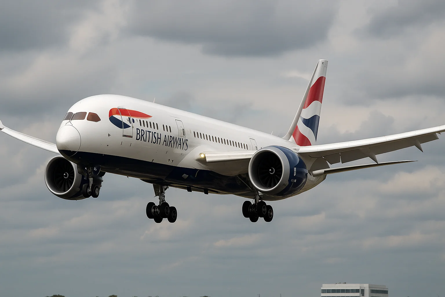 Imagem horizontal 16:9 ilustrando a falha no rádio altímetro que faz o voo BA243 retornar a Londres após 9h, sem textos escritos.