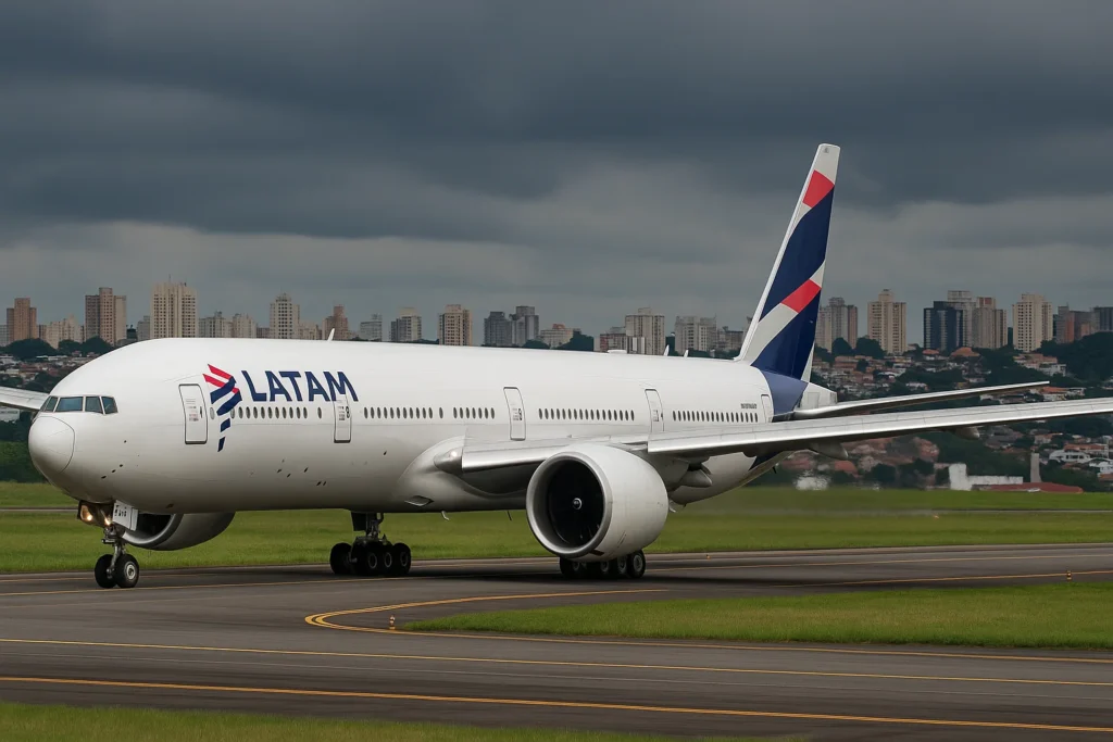 Imagem horizontal representando ventos SP LATAM usa 777 no GRU–SSA para aliviar atrasos, sem textos escritos