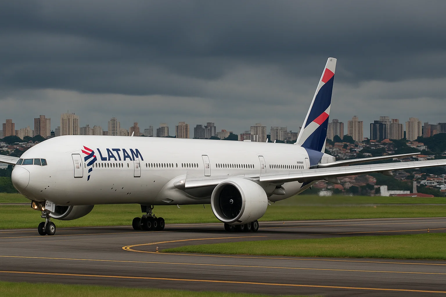 Imagem horizontal representando ventos SP LATAM usa 777 no GRU–SSA para aliviar atrasos, sem textos escritos