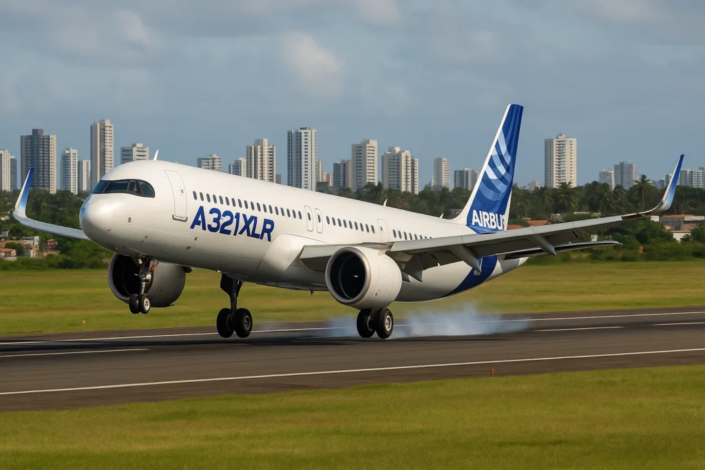 Imagem horizontal 16:9 representando a inauguração do A321XLR estreia Brasil voo Madri–Recife