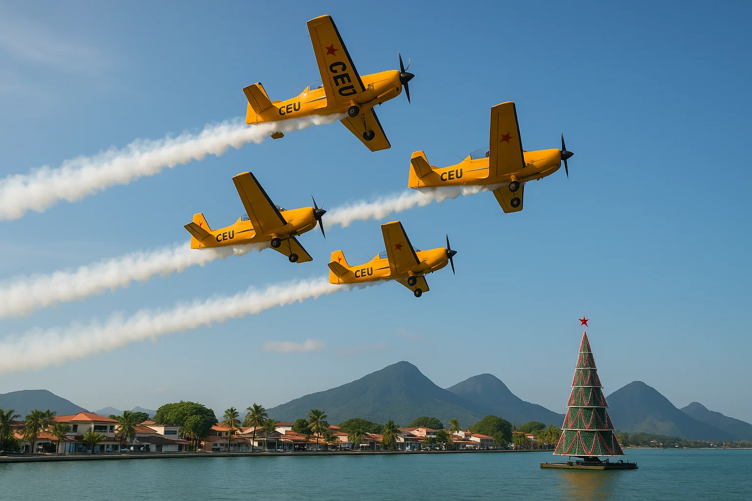 Imagem de capa horizontal 16:9 mostrando Maricá RJ com a esquadrilha CEU realizando Balé do Ar para o Natal Brasilidade, destacando o céu e a cidade.