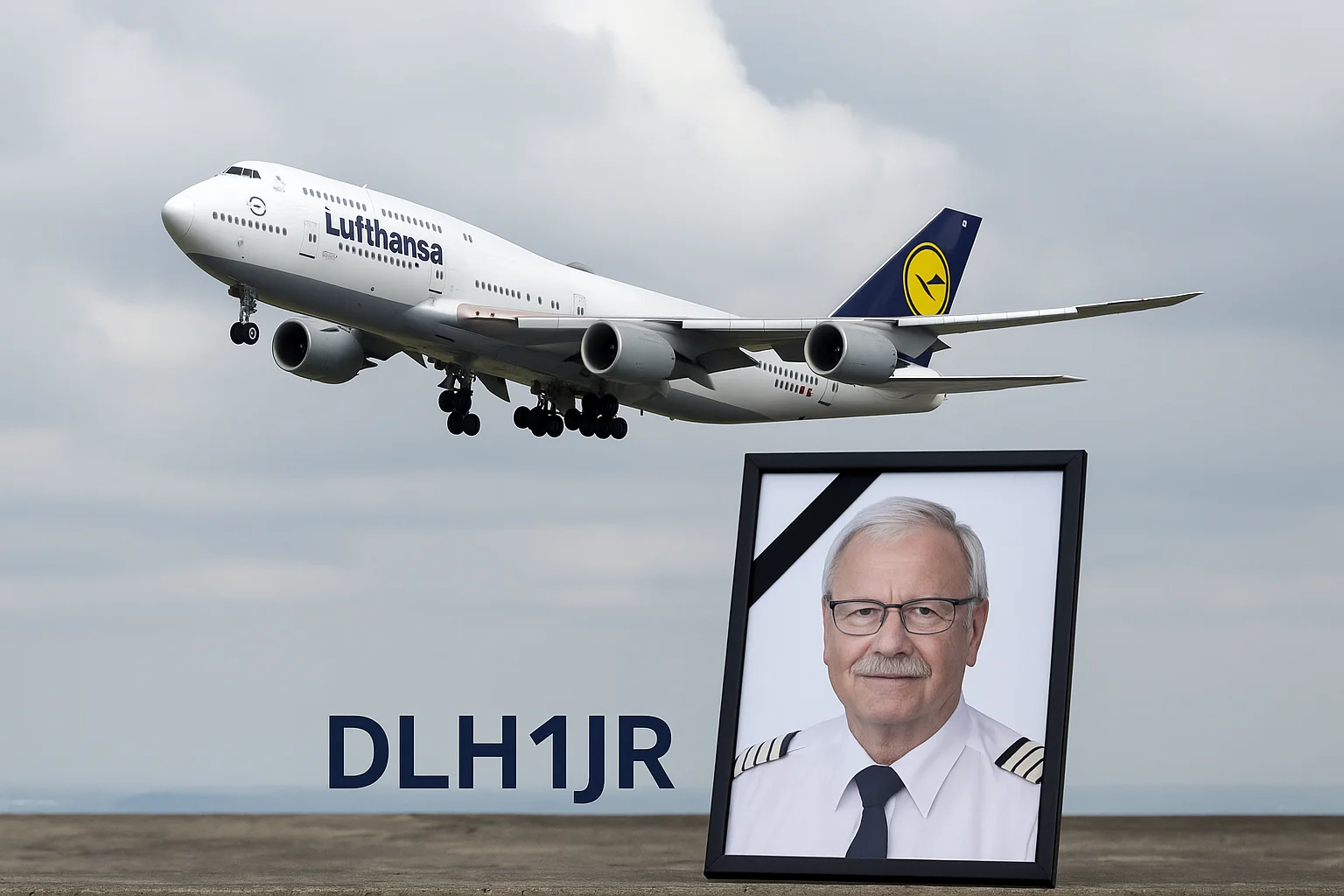 Imagem horizontal 16:9 simbolizando a perda de Jürgen Raps, ex-piloto da Lufthansa, associado ao voo LAX–Munique com código DLH1JR, sem textos.