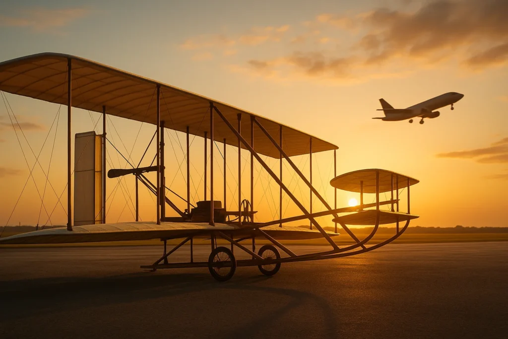 Cena de uma réplica de Wright Flyer com avião moderno ao fundo, evocando curiosidades história aviação ao amanhecer