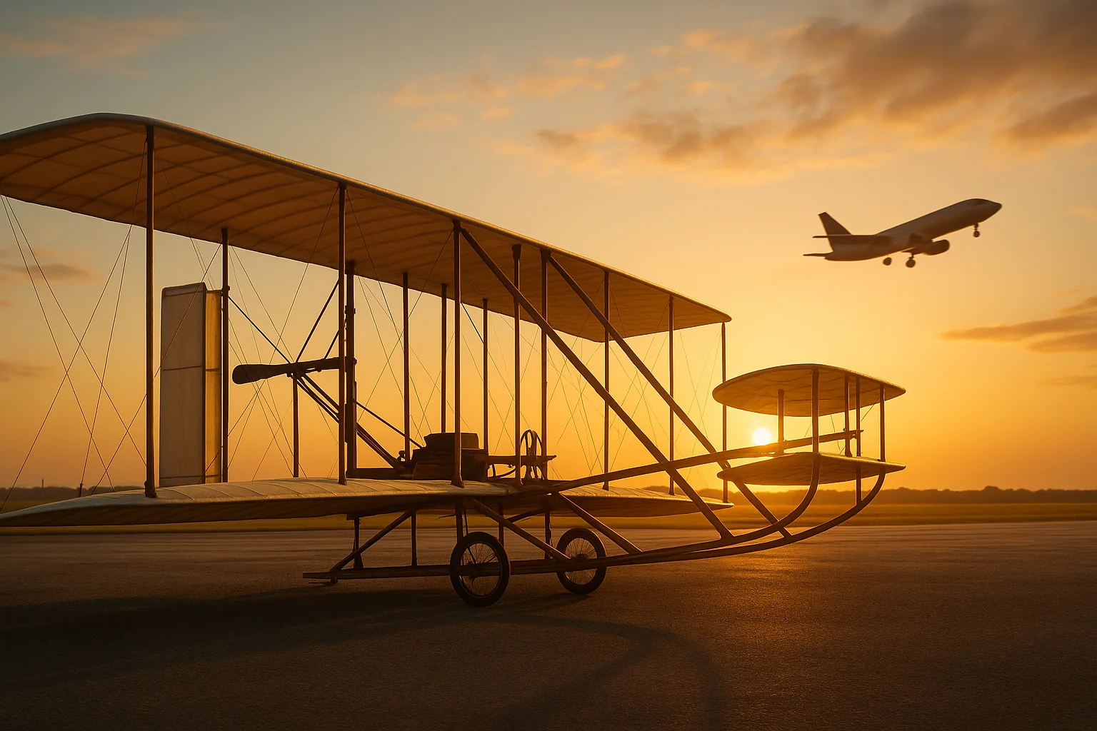 Cena de uma réplica de Wright Flyer com avião moderno ao fundo, evocando curiosidades história aviação ao amanhecer